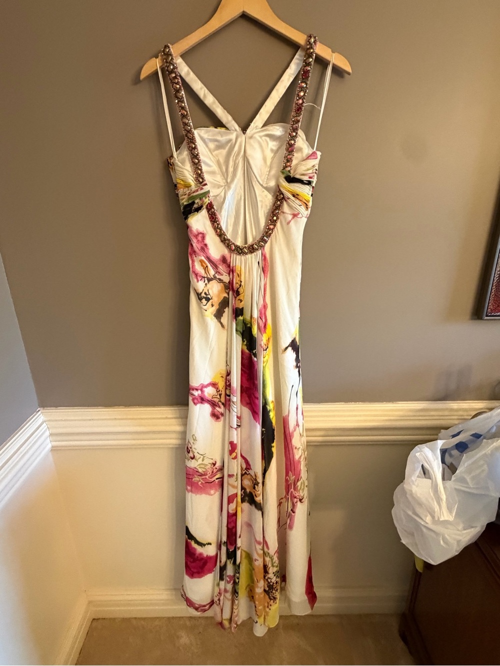 Faviana Y2K Jeweled V-Neck Floral Maxi Dress in White, Pink & Yellow - Picture 7 of 11